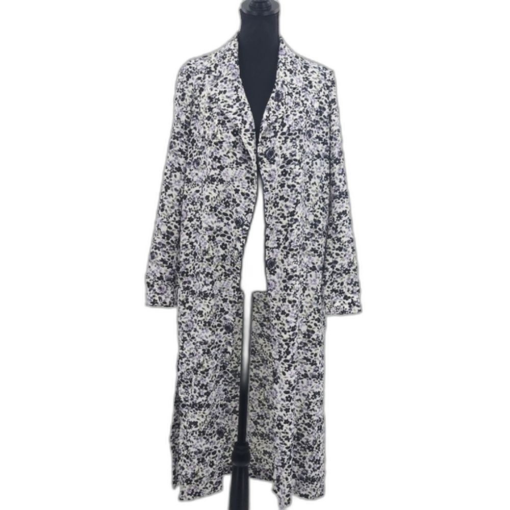 Dex Long Duster Womens Size XS Purple Floral Open Front Easter Church Wedding